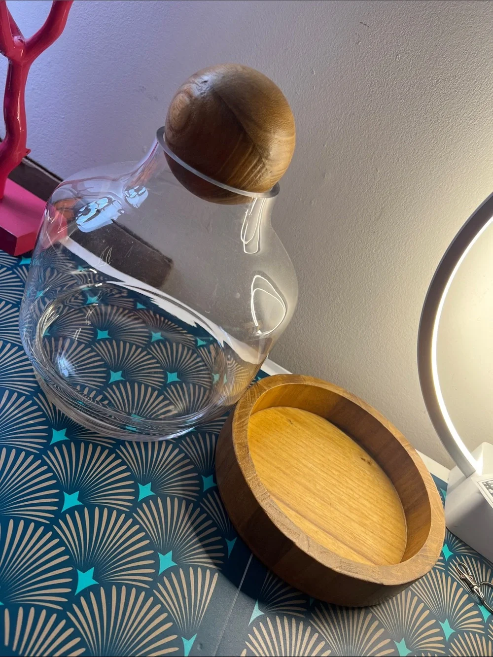 Glass Terrarium Jar with Wooden Base and Decorative Wood Ball